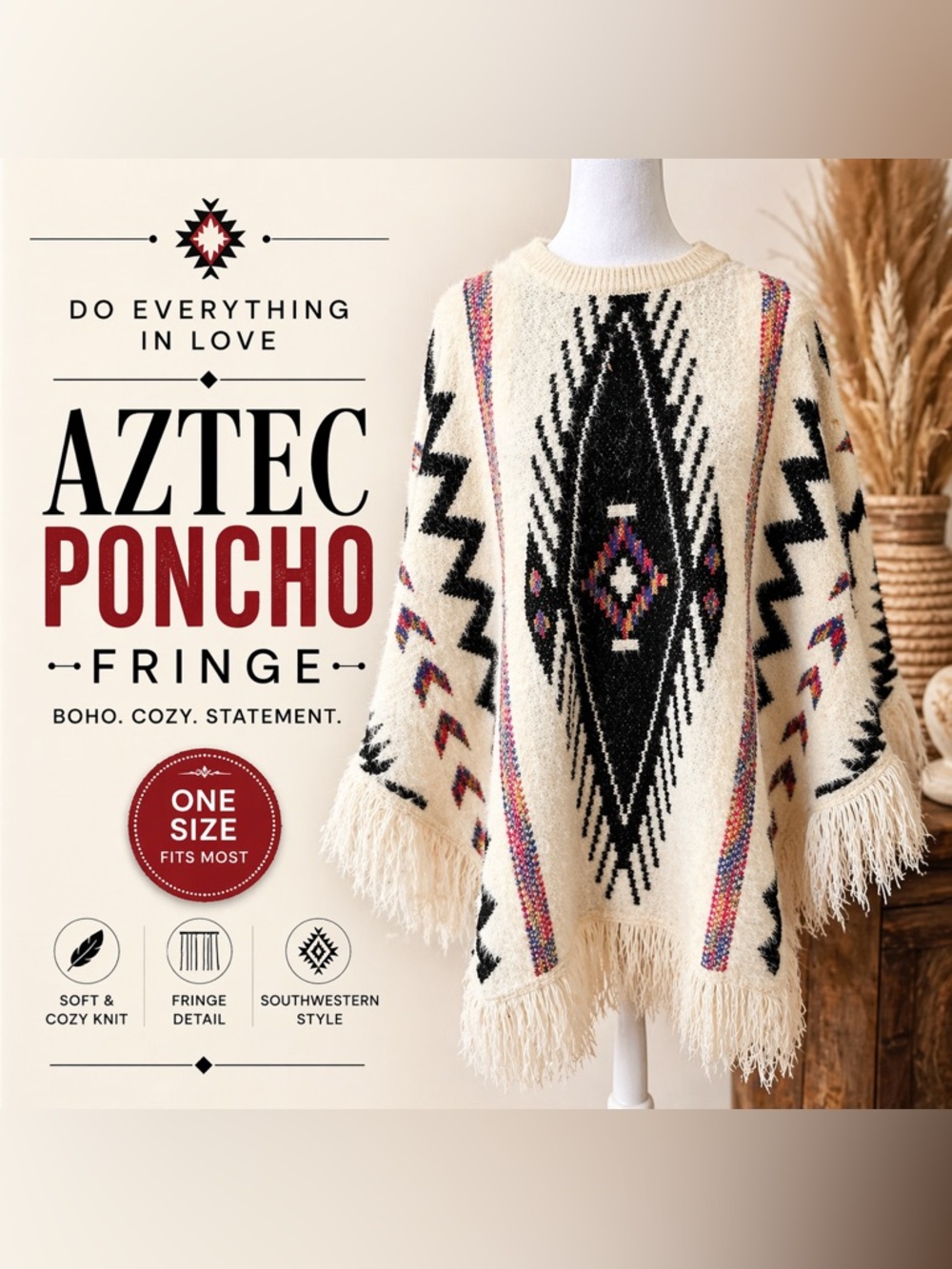 Do everything in love Cream Aztec Fringe Poncho with Black & Multicolor Details
